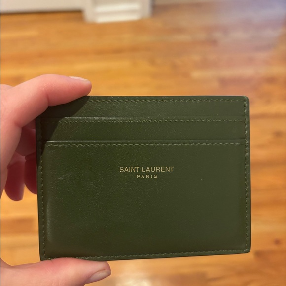 Saint Laurent Credit Card Case In Olive - Strong Moss  Saint Laurent Olive Card Holder with Gold Logo